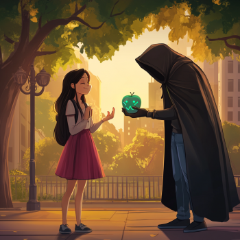 A cloaked, hooded figure extends a glowing, green, skull-emblazoned apple towards a seemingly innocent young woman with long dark hair, who looks up at them with a slight smile in a sunlit outdoor setting.
